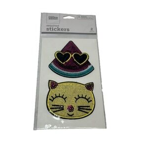 OFFICE DEPOT‎ 2 stickers sequined patch like WATERMELON CAT